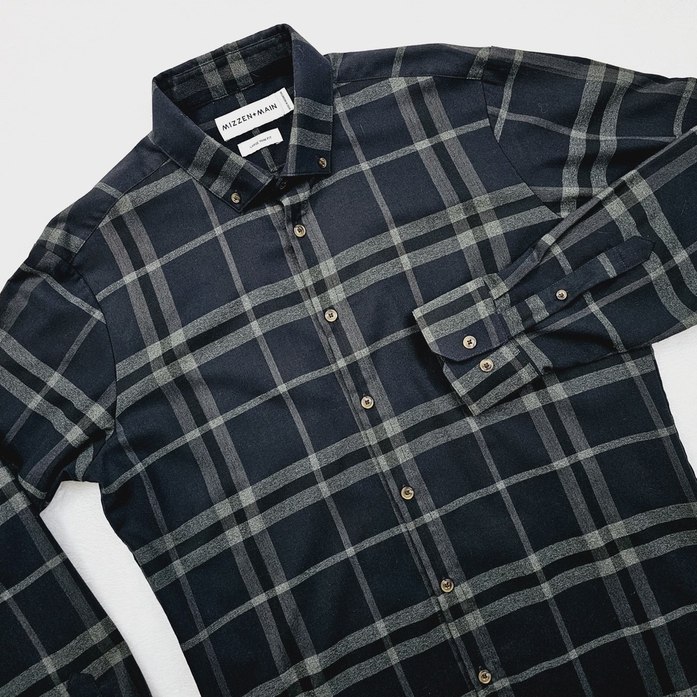 Mizzen Main Long Sleeve Shirt Mens Large Black Plaid Button Down Trim Fit Preppy